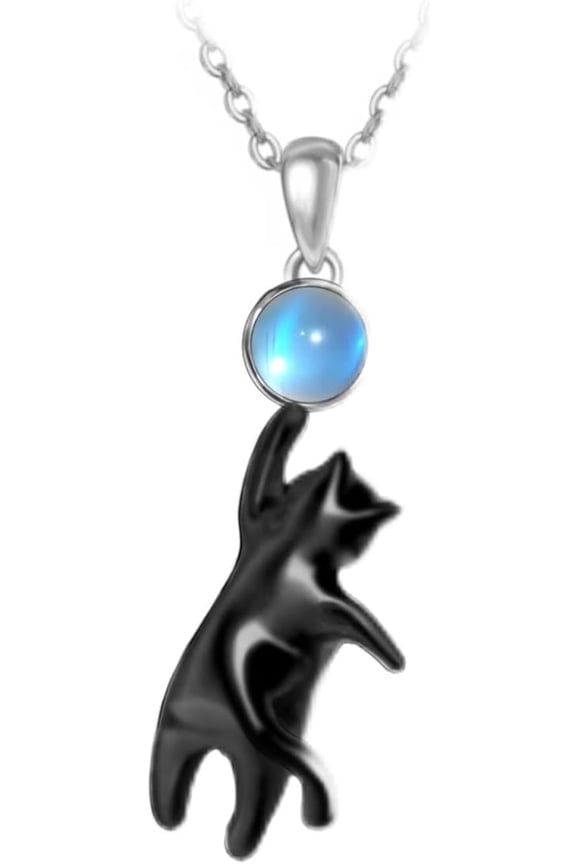Black Cat Necklace Sterling Silver Moonstone Cat Pendant Gothic Jewelry for Women Cats Lovers Gifts