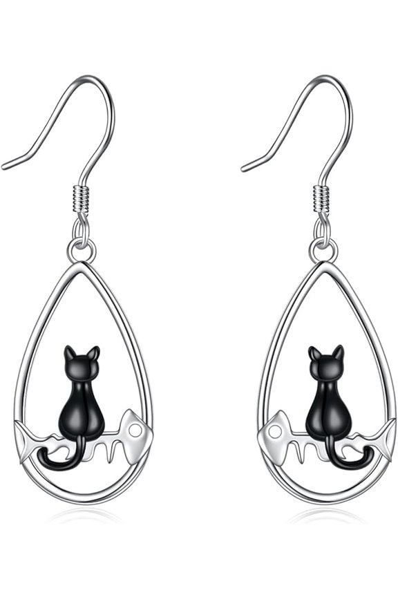 Cat Earrings for Women Sterling Silver Black Cat in the Celtic Moon Dangle Jewelry Gift for Mother