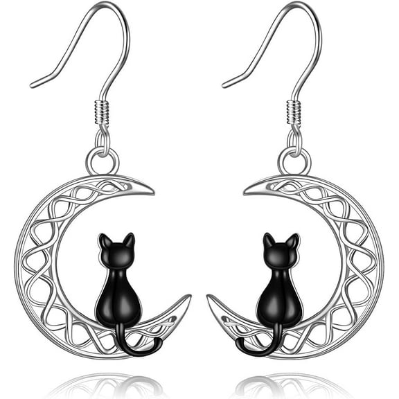 DOLIOX Cat Earrings for Women Sterling Silver Black Cat in the Celtic Moon Dangle Jewelry Gift for Mother
