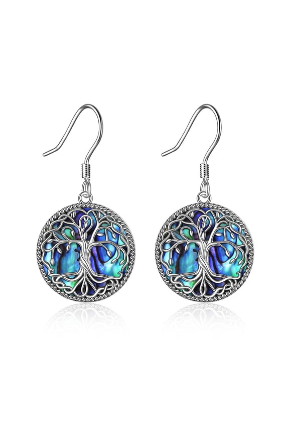 Celtic Tree of Life Earrings for Women Sterling Silver Family Tree Abalone Shell/Volcano Crystal Dangle Earrings Jewelry