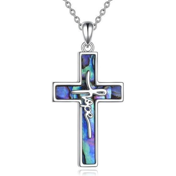 DOLIOX  Cross Necklace 925 Sterling Silver Abalone Necklace Christian Jesus Hope Religion Jewelry Gifts for Women Man