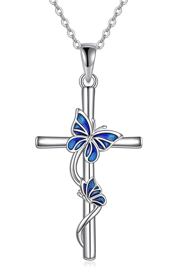 Cross Necklace for Women Sterling Silver Butterfly Bee Ladybug Pendant Necklaces Insect Jewelry Christian Gifts for Women
