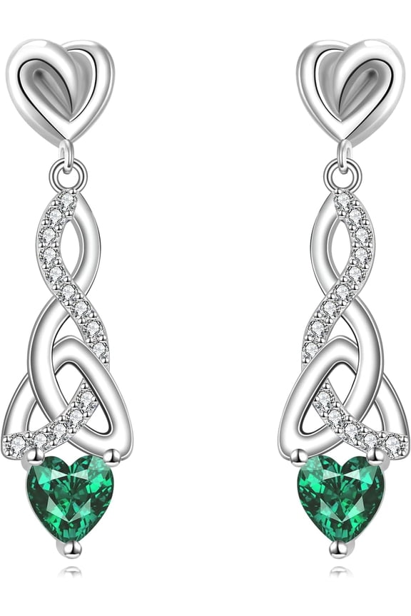 Heart Earring 925 Sterling Silver Celtic Good Luck Knot Dangle Dorp Emerald Green Birthstone Jewelry For Women Wife Gift