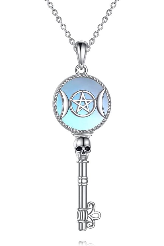 Hecate/Triple Moon Goddess Necklace Sterling Silver Wheel of Hecate Key Pendant Wiccan Amulet Jewelry Gifts for Women