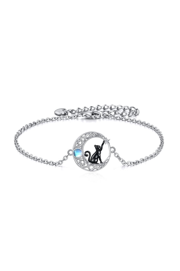 Moonstone Moon Cat Anklet for Women 925 Sterling Silver Black Cat Jewelry for Cat Lover