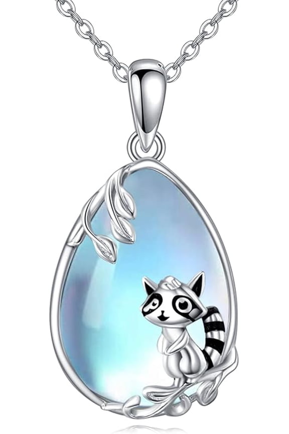 DOLIOX Moonstone Necklace 925 Sterling Silver Fox/Axolotl/Cat/Raccoon/Penguin/Frog/Panda/Highland Cow Pendant Necklace Animal Jewelry Gifts for Women