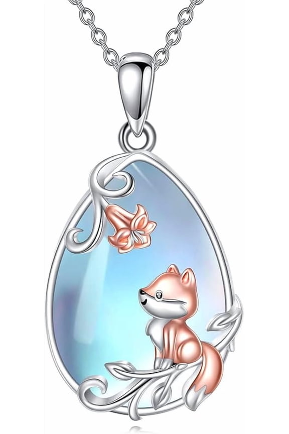 DOLIOX Moonstone Necklace 925 Sterling Silver Fox/Axolotl/Cat/Raccoon/Penguin/Frog/Panda/Highland Cow Pendant Necklace Animal Jewelry Gifts for Women
