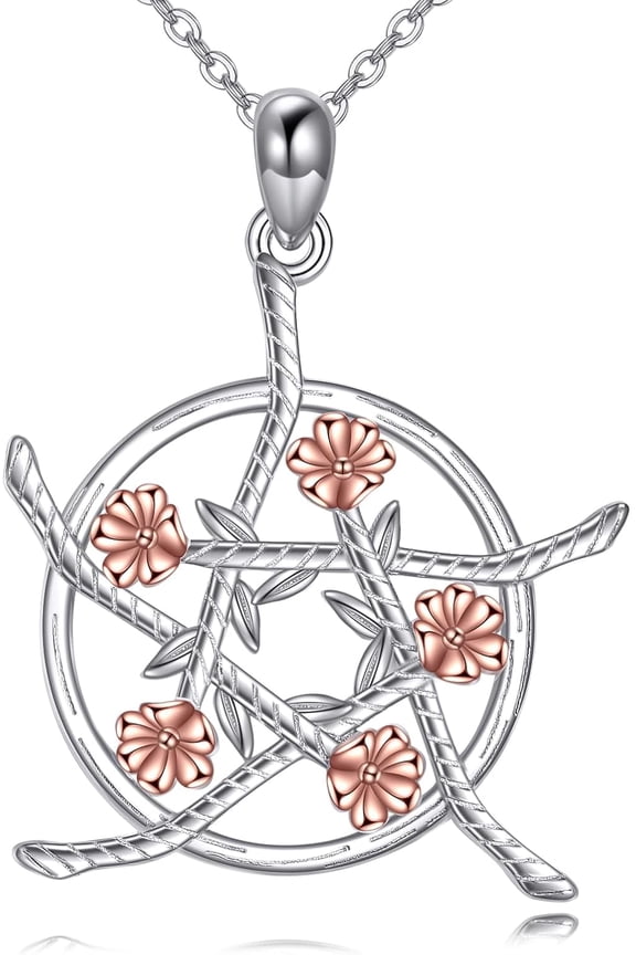 Pentagram Necklace 925 Sterling Silver Pentacle Pendant with Flower Witch Jewelry Gift for Women Men Pagan Gifts for Wicca