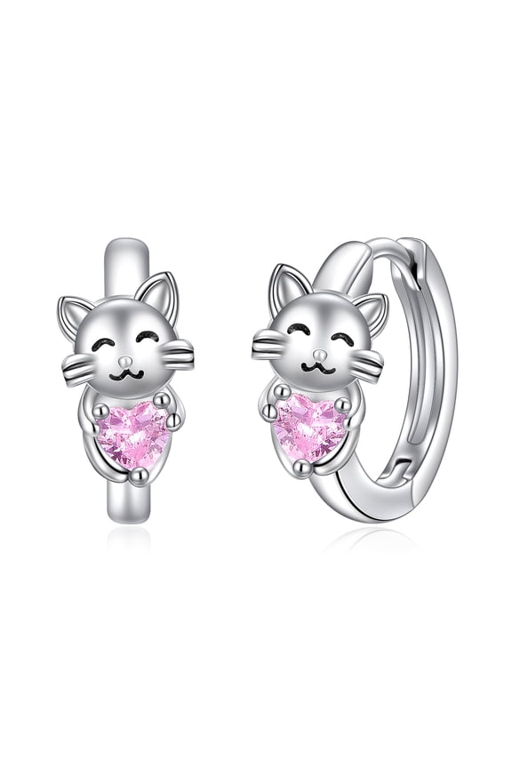 Pink Cat Earrings 925 Sterling Silver Small Small Hoop Earrings for Women Cat Hoop Earrings Cat Jewelry