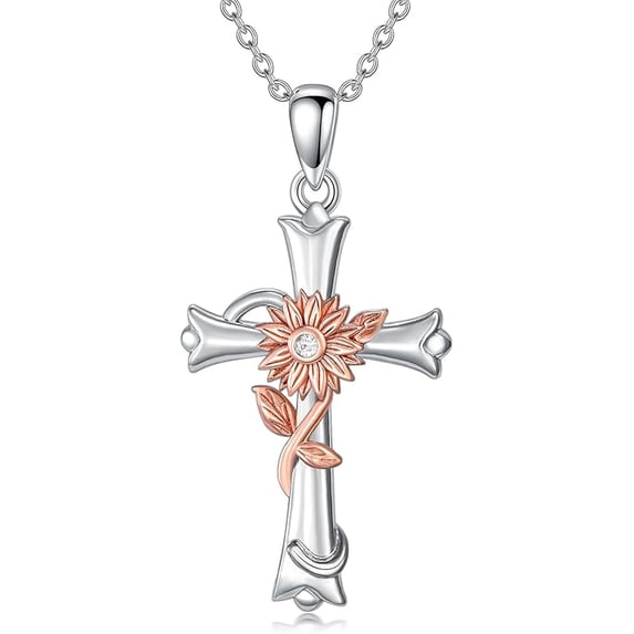 DOLIOX Rose/Sunflower Cross Necklace 925 Sterling Silver Flower ...