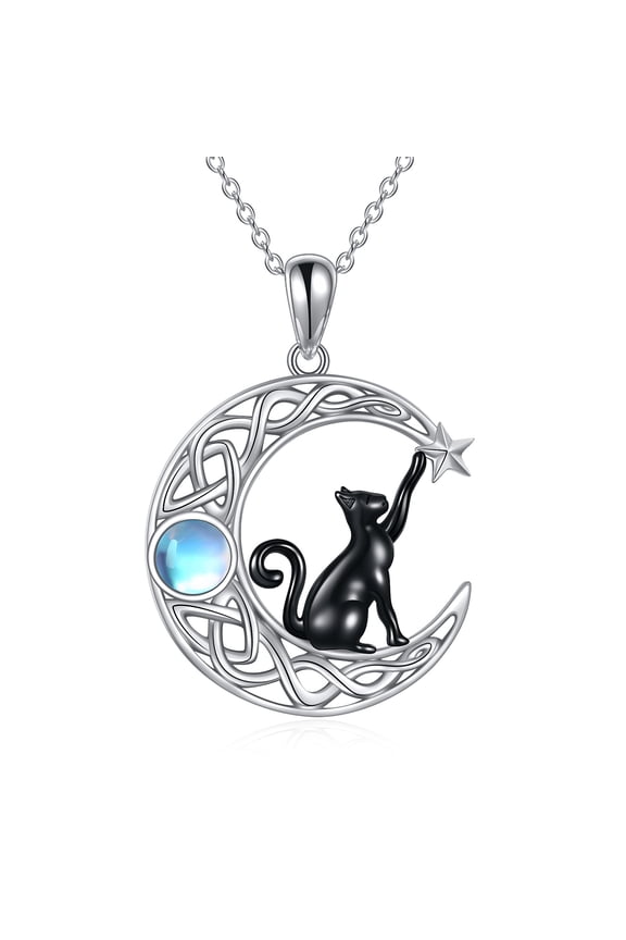 S925 sterling silver moonstone Celtic Moon Black Cat Necklace as Jewelry gift for Women