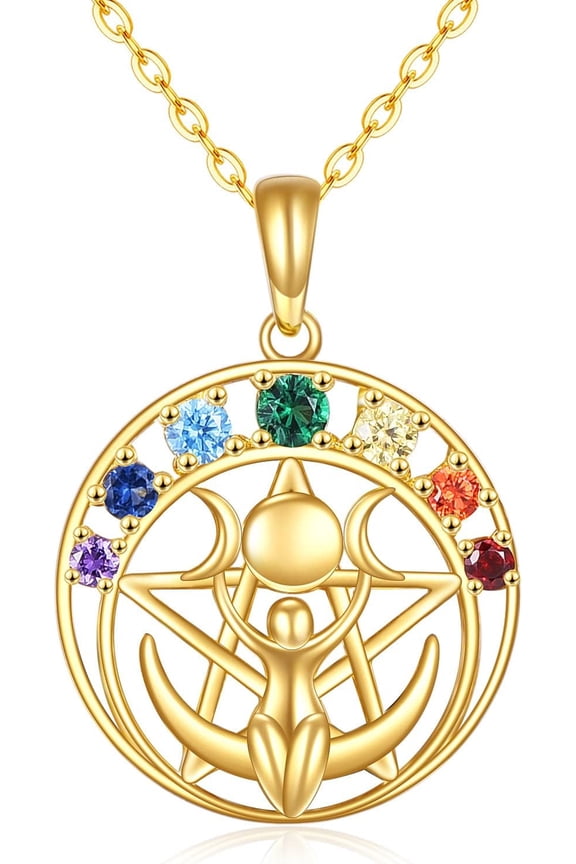 Triple Moon Goddess Necklace 14K Gold Chakra Moon Pentagram Pentacle Necklace Pagan Wiccan Magic Amulet Jewelry Christmas Gifts for Women Her