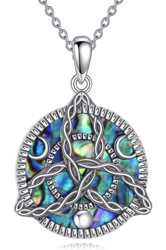 Triple Moon Goddess Necklace 925 Sterling Silver Abalone Celtic Knot Necklace Pagan Wiccan Magic Amulet Irish Pendant Vintage Jewelry Gifts for Women
