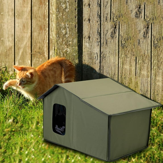 DOLITY Outdoor Cat House Weatherproof,Stray Cats Shelter,Collapsible Winter Warm Feral Cats House Green
