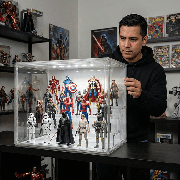DOLIZU Acrylic Display Case,Upgraded 4-layer transparent display box with lights with 3 Adjustable Divider, 1 Pack Stackable Large Storage Box with Magnetic Door for Collectibles Action Figures