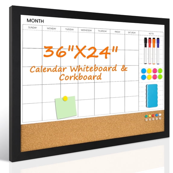 DOLLAR BOSS Calendar Whiteboard for Wall & Bulletin Corkboard Combination, Magnetic Dry Erase White Board 36 x 24 Inch, Wall Mounted Board for Office Home with 4 Markers, 8 Magnets and 10 Push Pins