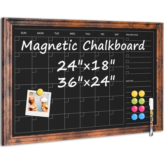 DOLLAR BOSS Chalk Board 24" x 18" Magnetic Calendar Chalkboard for Wall Hanging Chalkboards Sign Monthly Planner for Home Office Blackboard Rustic Brown Frame with 1 Liquidchalker 8 Magnets