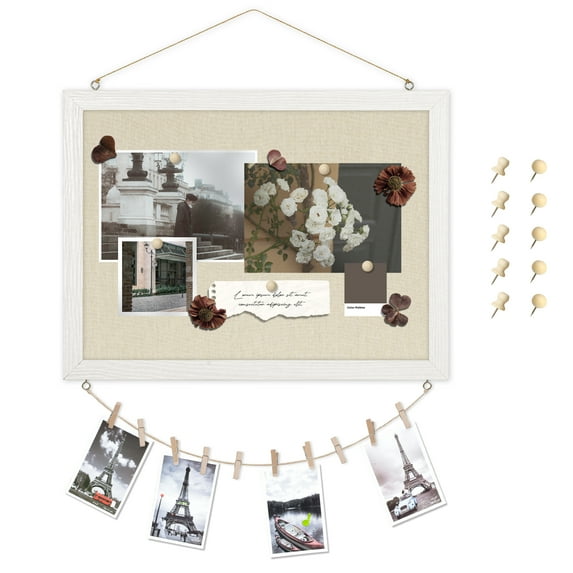 DOLLAR BOSS Cork Board Bulletin Board with Linen 16"x12" Wood Frame Pin Board for Wall Hanging Corkboards for Office Home School Message Board or Vision Board Decoration with Pins, Clips, Strings