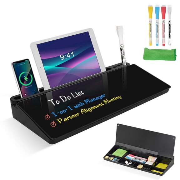 DOLLAR BOSS Deskboard Buddy Desk White Board with Computer Keyboard Stand, Desktop Glass Whiteboard with Storage, Black Dry Erase Board with Drawers for Home Office Desk Organizers with Accessories