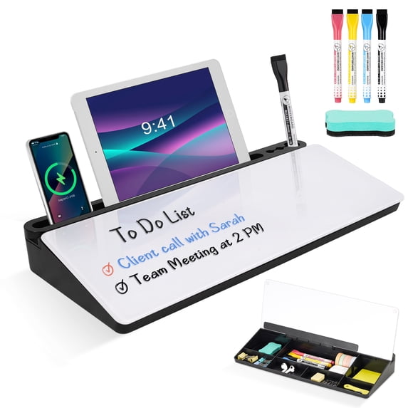 DOLLAR BOSS Glass Desktop Whiteboard for Desk, Desk Dry Erase White Board Deskboard Buddy Computer Pad Keyboard Stand for Home, Office Desk Accessories with 4 Markers 1 Eraser, White & Black
