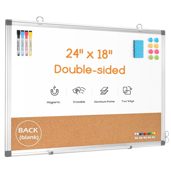 DOLLAR BOSS Dry Erase Board Double-Sided Whiteboard Cork Board Combo for Wall, 24" x 18" Dry Erase White Board Corkboard Combination, Hanging Wall Mount Bulletin Board for Office, Home, School
