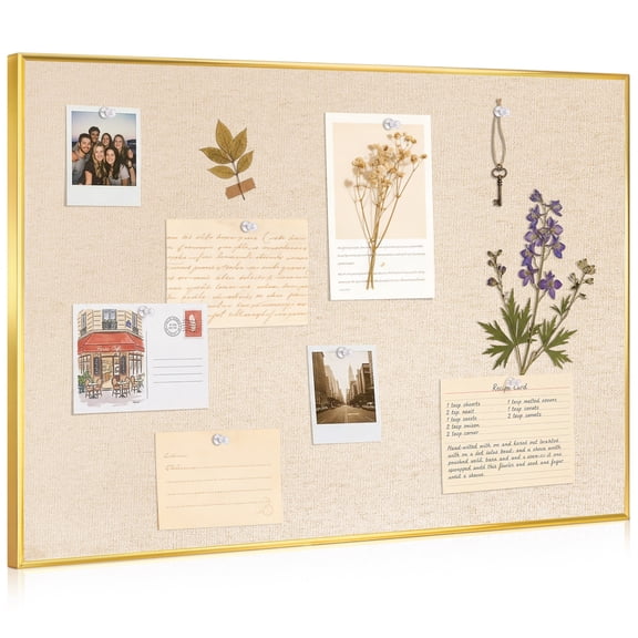 DOLLAR BOSS Linen Bulletin Board 24x18 Inches Cork Board for Wall Poster Board with Gold Aluminum Frame Hanging Pin Board Vision Board for Home Office Room Decor with 10 Push Pins