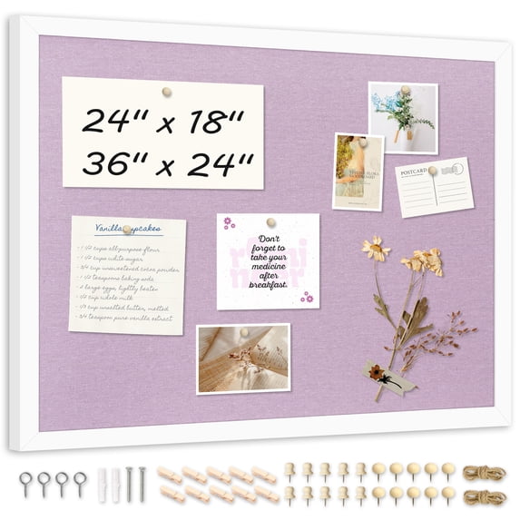 DOLLAR BOSS Linen Bulletin Board Poster Board 24x18 Inches Purple Linen Cork Board for Walls Wood Framed Bulletin Boards Pin Board for Home Kitchen Office Decorative Hanging 10 Pushpins 10 Clips
