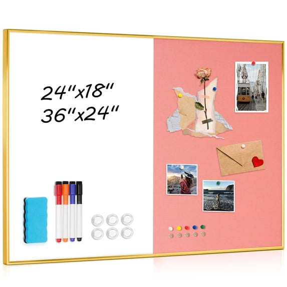 DOLLAR BOSS Linen Bulletin Board Whiteboard Combo 36"X24" Dry Erase Cork Board Combo Whiteboard with Pink Linen for Wall, Magnetic Dry Erase Bulletin Board, Vision Board for Home, Office, School