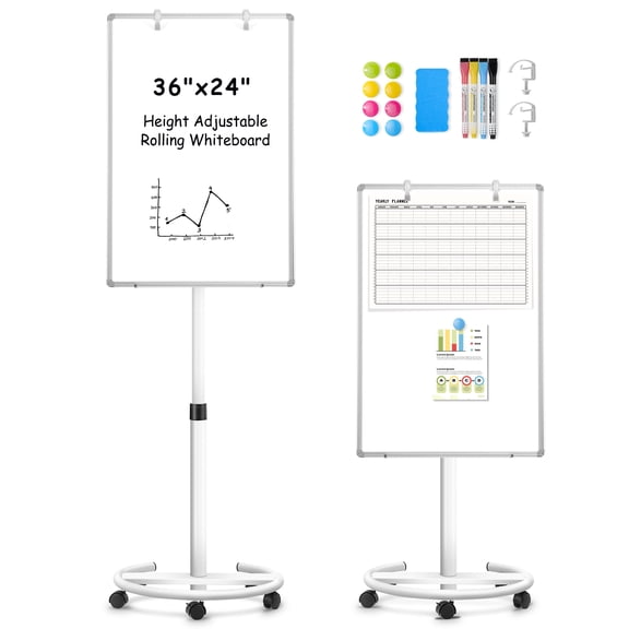 DOLLAR BOSS Mobile Whiteboard 36 x 24 inches Portable Magnetic Dry Erase Board, Height Adjustable 3' x 2' Standing Easel White Board, Flipchart Hooks, Rolling Whiteboard for Office Home or Classroom