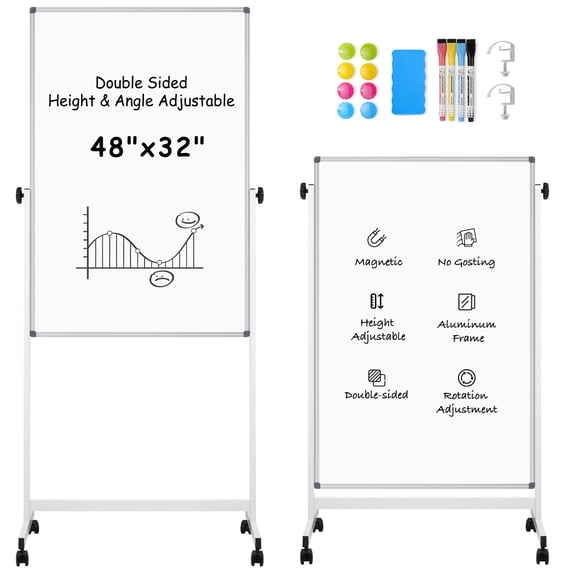 DOLLAR BOSS Rolling Whiteboard on Wheels, 48"x32" Height Adjustable Whiteboard Double-Sided Magnetic Dry Erase Board with Stand, Large Standing Mobile Easel Board for Office, Classroom, Home