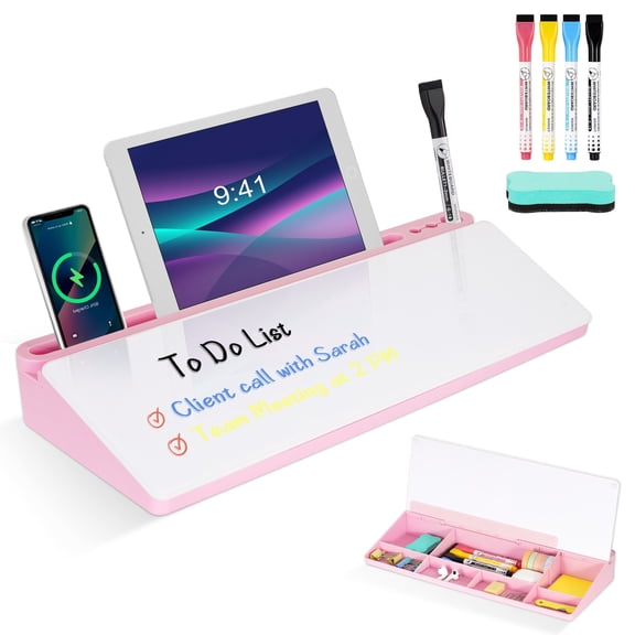 DOLLAR BOSS Deskboard Buddy Glass Desktop Whiteboard Desk Dry Erase Board with Storage Office Accessory Computer Keyboard Stand Desk Whiteboard Desk Accessories for Office, Home, Office Supplies,Pink