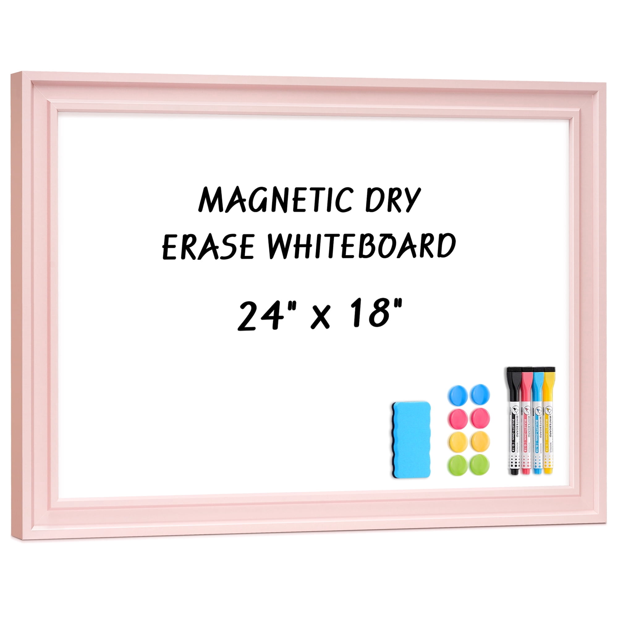 DOLLAR BOSS White Board Magnetic Whiteboard Dry Erase Board 24 X 18 Inches for Home School Office Wall Mount Magnetic Board Includes 1 Eraser & 4 Markers & 8 Magnets, Pink Wooden Frame