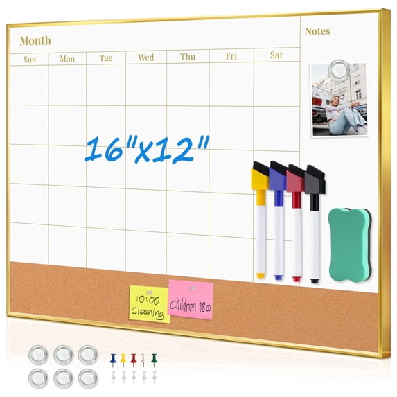 DOLLAR BOSS Whiteboard Calendar White Board Magnetic Dry Erase Board Cork Board Combo 16x12 inchs Reusable Monthly Planner for Wall with 4 Markers, Eraser, Magnets and Pushpins,Hanging Board for Home