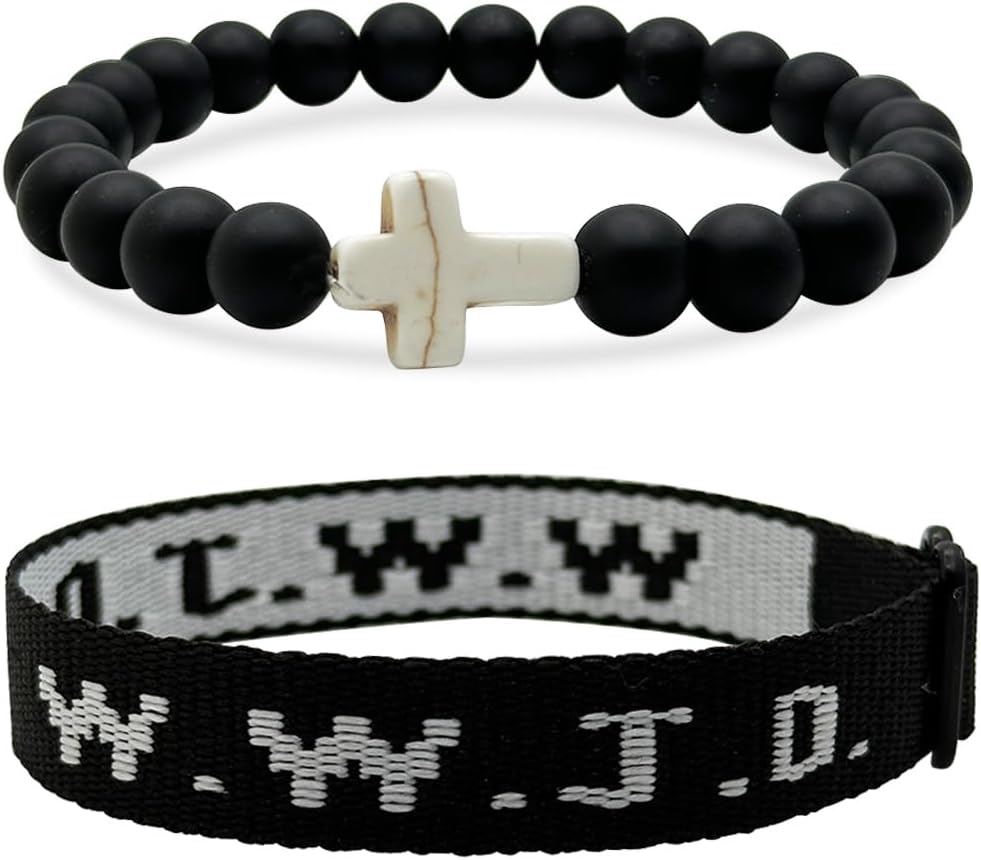 DOLLESS 2PCS WWJD Bracelets for Women Men Bead String What Would Jesus