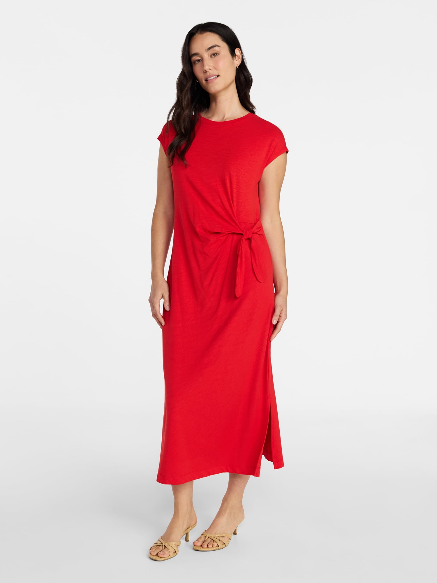 Time and Tru Women's and Women's Plus Side Tie Midi Dress with Dolman Sleeves, Sizes XS-4X
