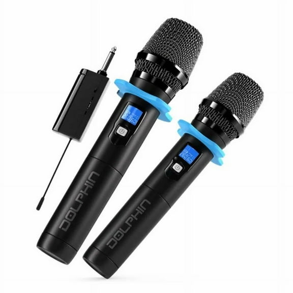 Dolphin MXC-20 VHF Dual Wireless Microphone System  Long Range, Rechargeable Battery, LED Display, Includes Receiver, AA & Lithium Batteries, Mic Clip & Cable