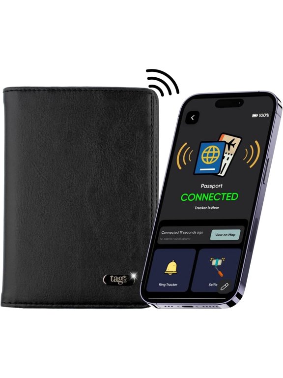 Dolphin Smart Passport Holder, Android and Ios  Compatible, Genuine Leather Passport Cover with Ble Tracker and Rfid Blocking Technology, Passport Wallet and Case for Cards and Cash, Black - tag8