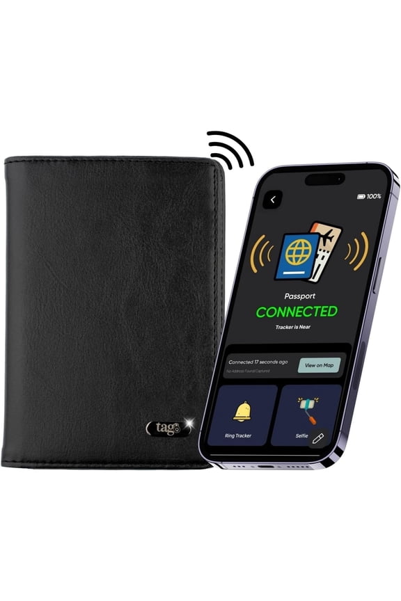 DOLPHIN Smart Passport Holder, Android and iOS Compatible, Genuine Leather Passport Cover with BLE Tracker and RFID Blocking Technology, Passport Wallet and Case for Cards and Cash, Black - tag8