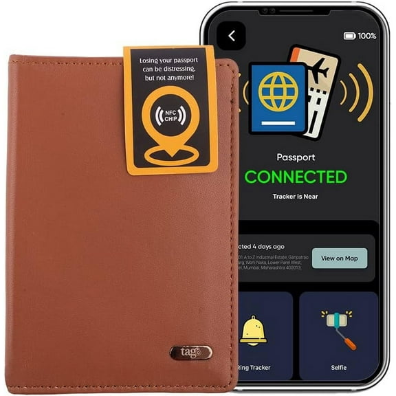 DOLPHIN Smart Passport Holder, Android and iOS Compatible, Genuine Leather Passport Cover with BLE Tracker and RFID Blocking Technology, Passport Wallet and Case for Cards and Cash, Tan - tag8
