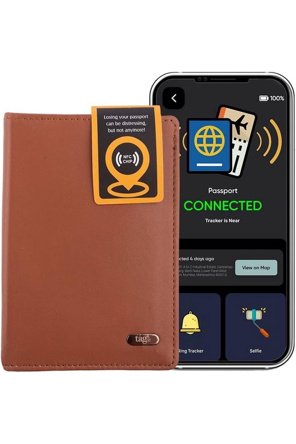 DOLPHIN Smart Passport Holder, Android and iOS Compatible, Genuine Leather Passport Cover with BLE Tracker and RFID Blocking Technology, Passport Wallet and Case for Cards and Cash, Tan - tag8