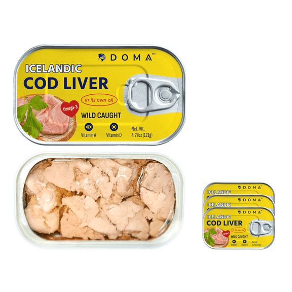 DOMA Premium Icelandic Cod Liver in Oil - Wild-Caught Gourmet Delicacy, Rich in Omega-3 & Vitamin D 4.27oz (121gr) 3 Cans