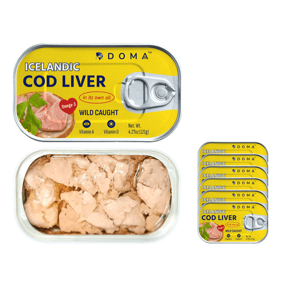 DOMA Premium Icelandic Cod Liver in Oil - Wild-Caught Gourmet Delicacy, Rich in Omega-3 & Vitamin D 4.27oz (121gr) 6 Cans
