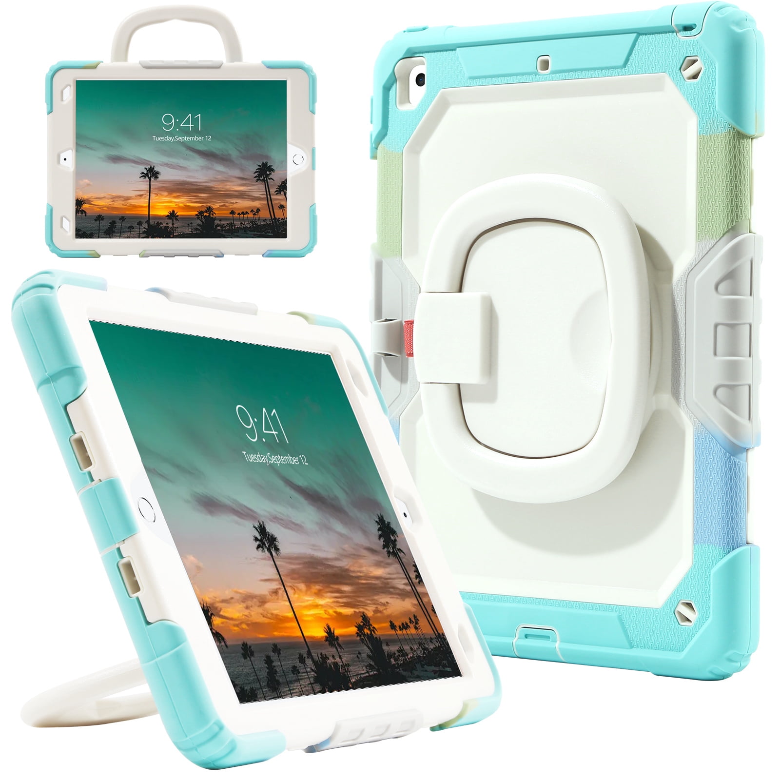 DOMAVER Case for iPad 9th/8th/7th Generation (iPad 10.2 inch, 2021/2020/2019), Heavy Duty Rugged Cover for Kids with Screen Protector, Pencil Holder, Rotating Stand/Handle, Rainbow Blue