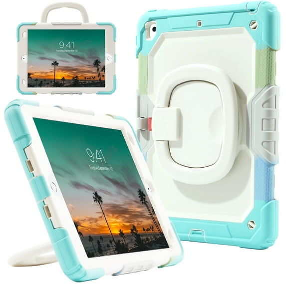 DOMAVER Case for iPad 9th/8th/7th Generation (iPad 10.2 inch, 2021/2020/2019), Heavy Duty Rugged Cover for Kids with Screen Protector, Pencil Holder, Rotating Stand/Handle, Rainbow Blue