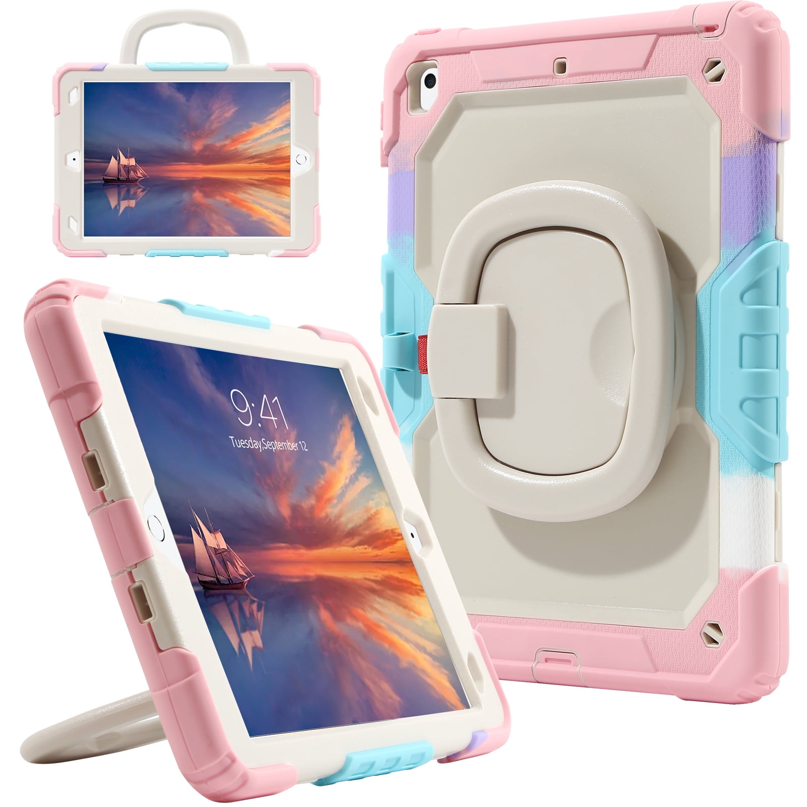 DOMAVER Case for iPad 9th/8th/7th Generation (iPad 10.2 inch, 2021/2020/2019), Heavy Duty Rugged Cover for Kids with Screen Protector, Pencil Holder, Rotating Stand/Handle, Rainbow Pink