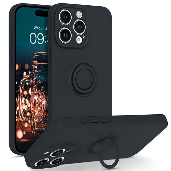 DOMAVER Compatible with iPhone 15 Pro Max 6.7" Phone Case , Slim Fit Soft Silicone Gel Rubber Bumper Kickstand Ring Holder Shockproof Drop Protective Cover, Black