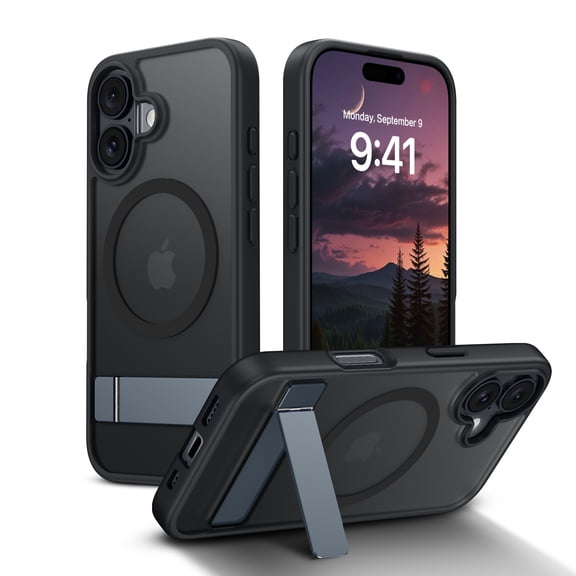 DOMAVER Magnetic Case for iPhone 16 6.1", Built-in Metal Kickstand, MagSafe Compatible Translucent Matte Shockproof Protective Phone Cover, Black