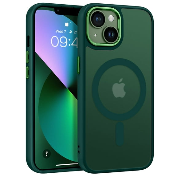 DOMAVER Magnetic iPhone 13 Case / iPhone 14 Case (6.1") - Slim Matte Translucent Cover | MagSafe Compatible | Shockproof Protective | Dark Green