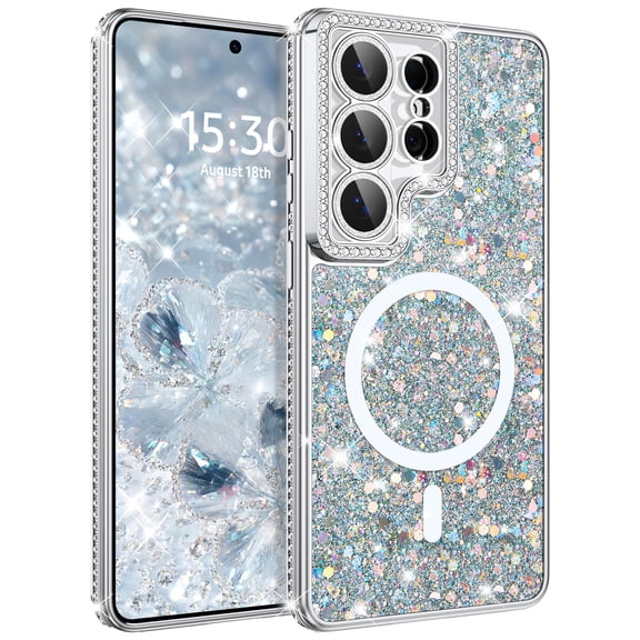 DOMAVER Samsung S26 Ultra Case 6.9" , Magnetic Clear Glitter Cover, Mag-Safe Compatible, Crystals and Camera Protector, Sparkly Protective Case for Samsung S26 Ultra, Silver