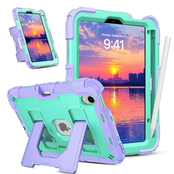 DOMAVER iPad Mini 7 (2024)/iPad Mini 6 (2021) 8.3" Rugged Protective Case - Heavy Duty Shockproof Cover with Built-in Kickstand & Apple Pencil Holder | Purple & Mint Green